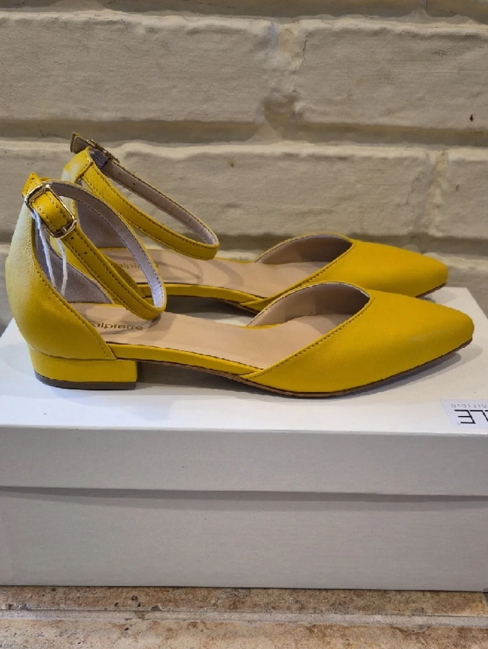 Yellow Pointed-Toe Ankle-Strap Flats. Made In Italy. Leather.